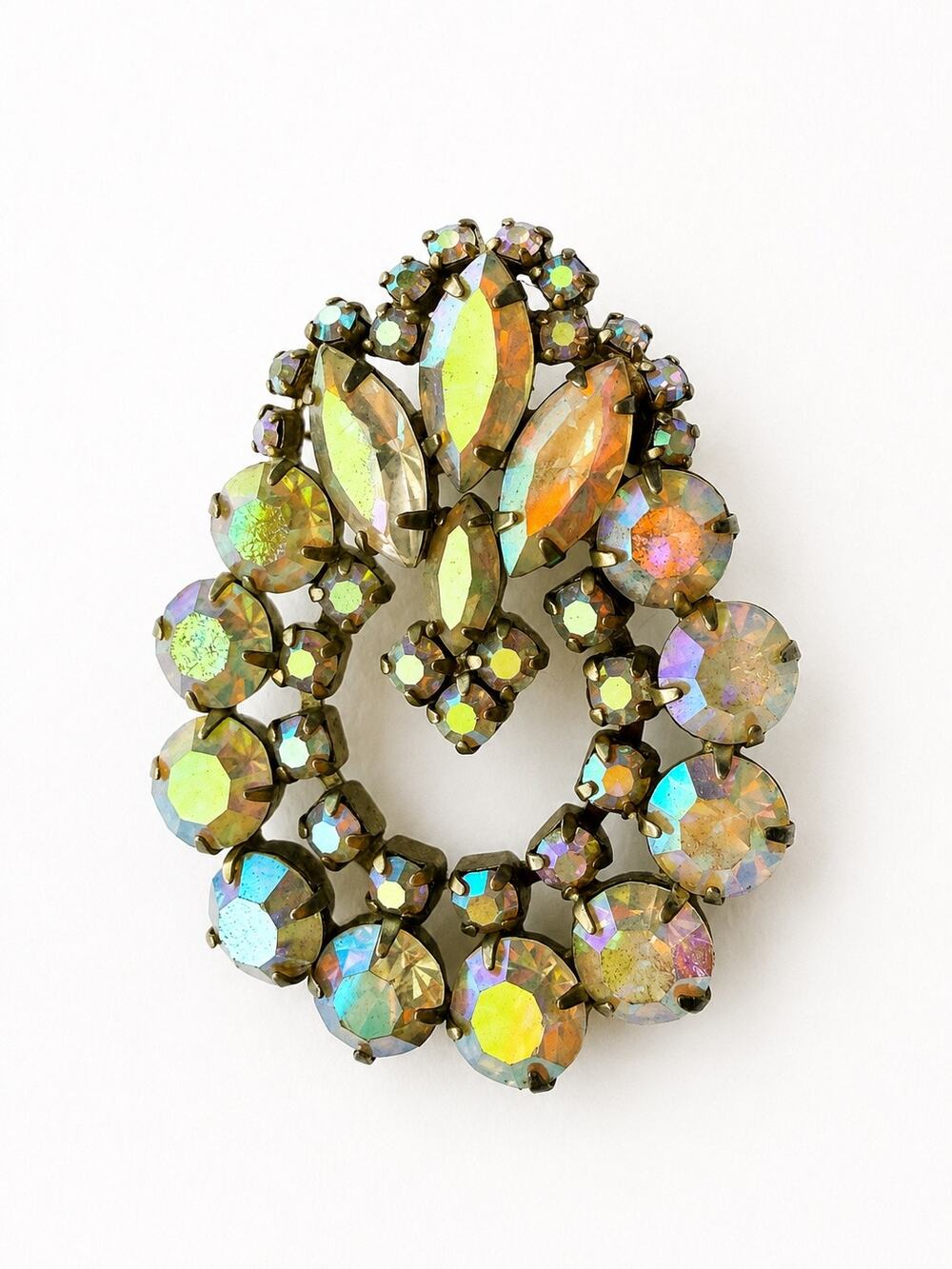 Vintage Aurora Borealis Rhinestone Brooch Open Circle Wreath Gold Tone Pin